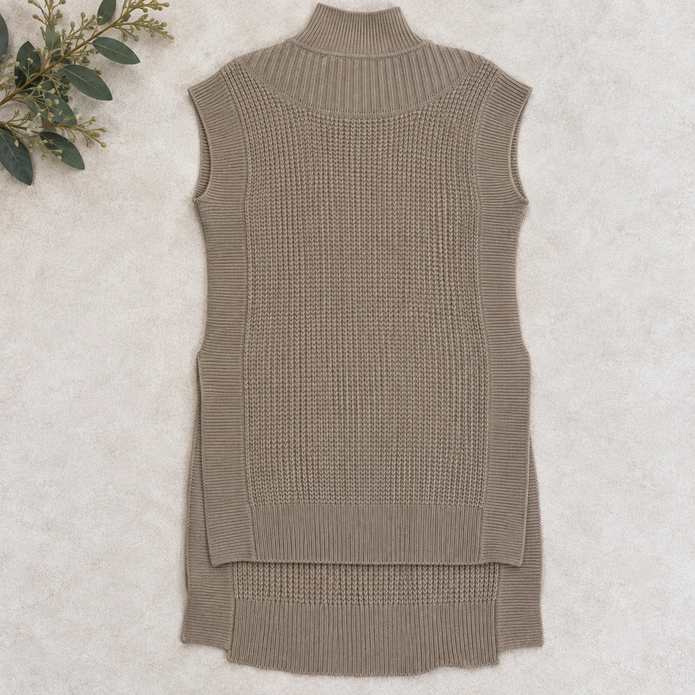 Club Monaco Sweater Tunic Tan Merino Wool Mock Neck Waffle Knit Slit Hem Sz S